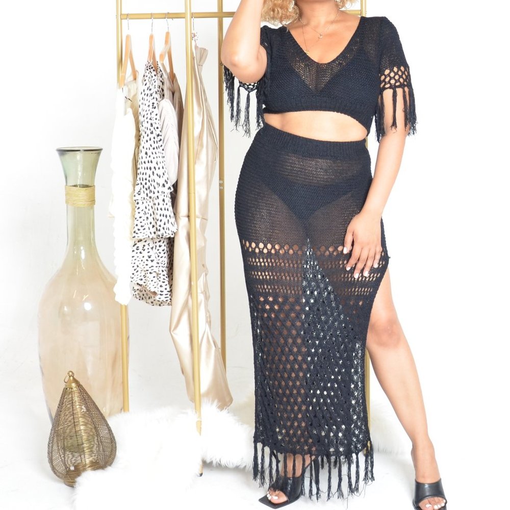 2-Piece Crochet Cover up with Fringe Top & Split